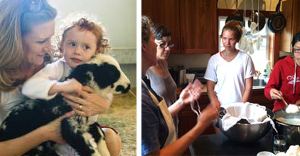 Kid Hugging Kid (goat) and women talking around a table