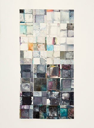 A monoprint of squares of hand painted color