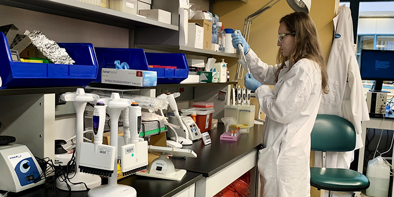 Estee Dilli works at her bench in the Pfizer lab