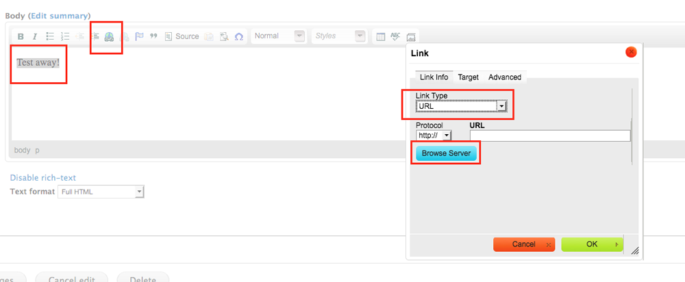 screen shot of drupal interface with link field highlighted