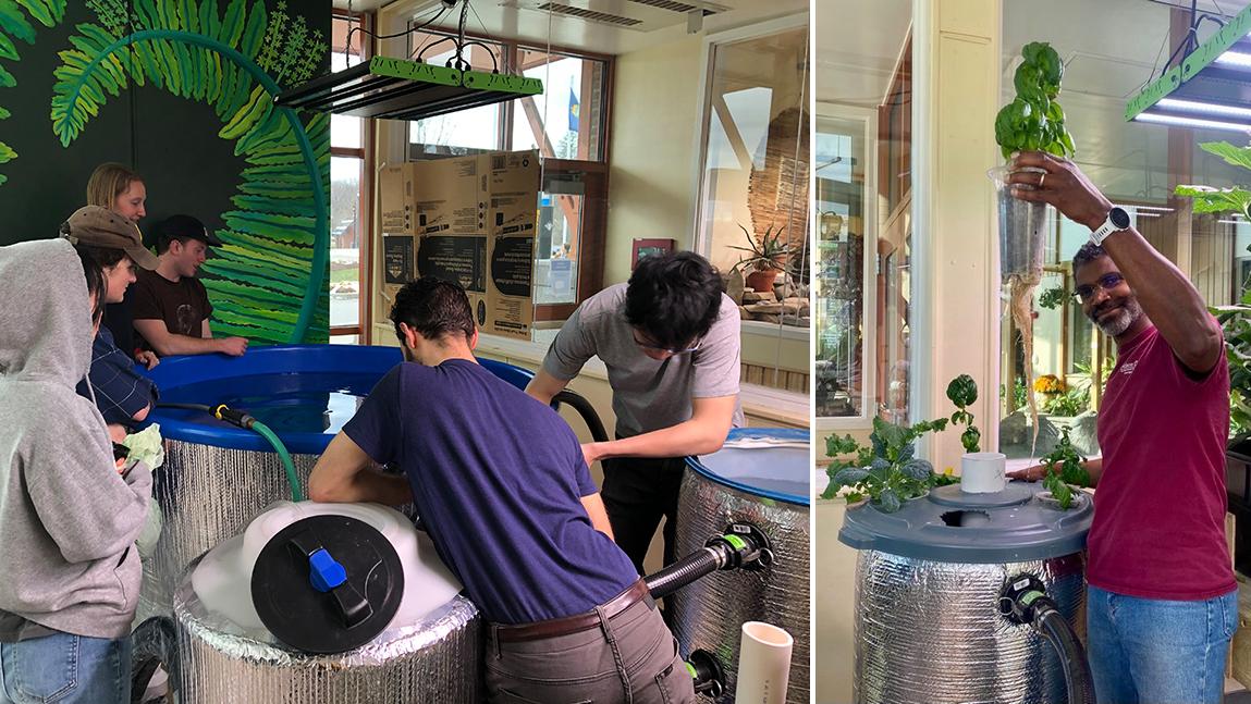 Five undergraduate students work around a tank of water in a makerspace.