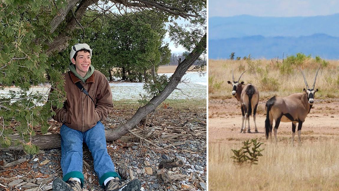Ben Simmons smiles while he sits on a log on a stoney beach and African oryx graze in New Mexico.