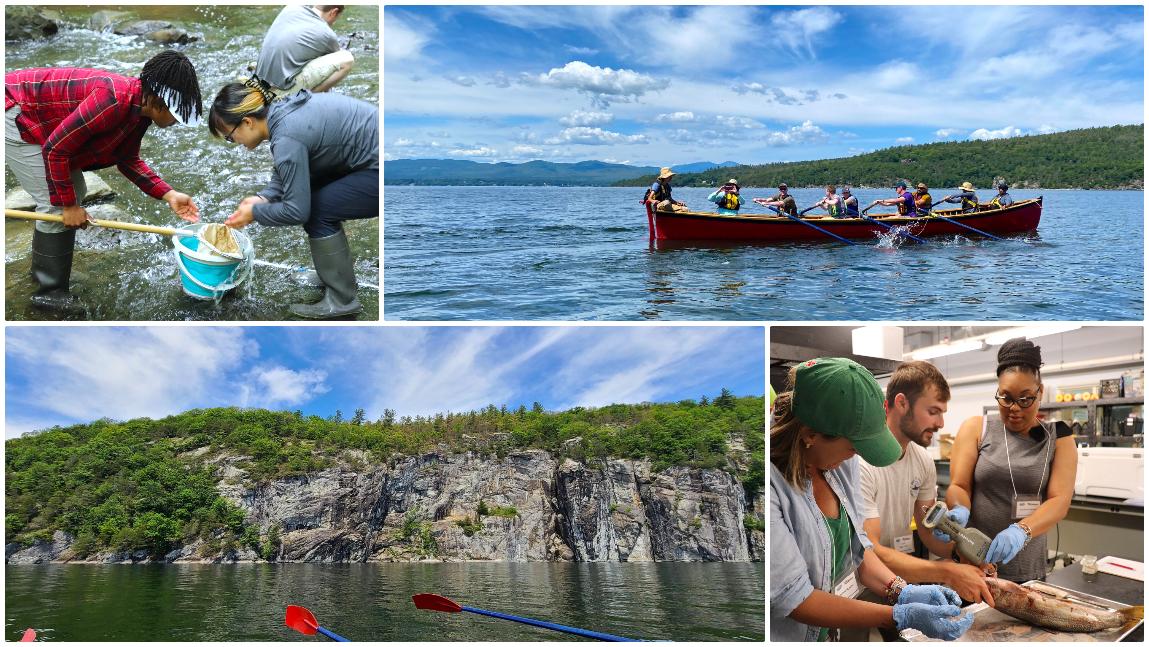 Collage including teachers doing research at Potash Brook, on Lake Champlain, and at UVM's Rubenstein Ecosystem Lab.
