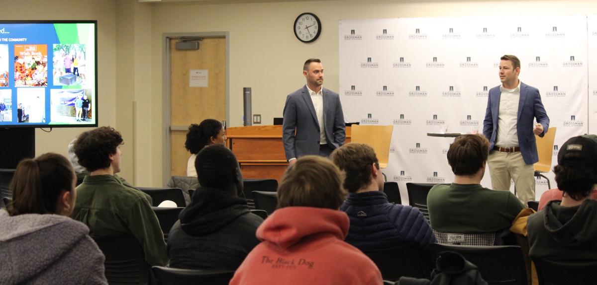 John and George Black discuss careers in real estate at the Grossman School of Business on March 8, 2023