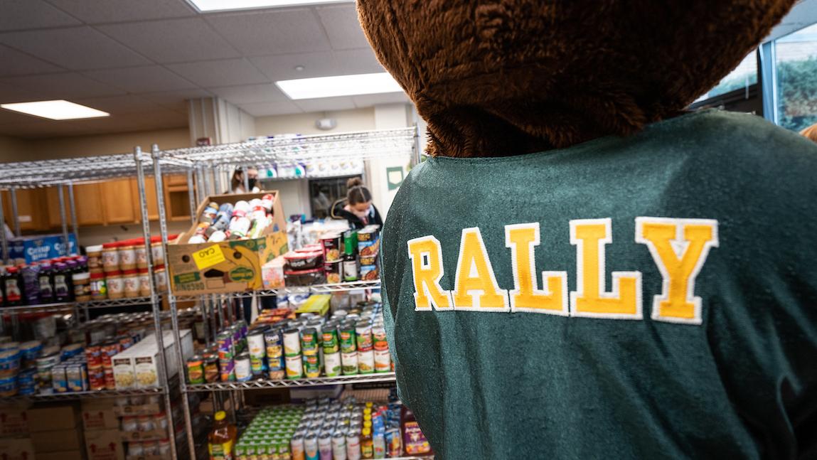 Rally Cat mascot standing in front of food shelves
