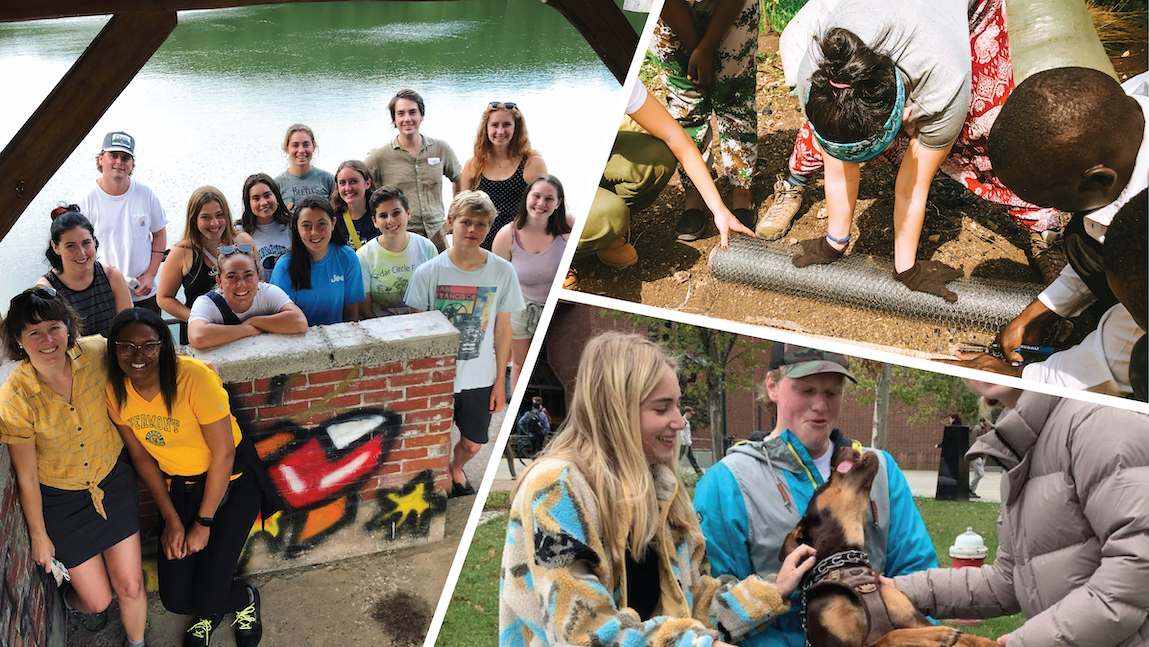 photo montage - group of students standing at the shore of a lake, three students working outside cutting chicken wire, two students petting a dog