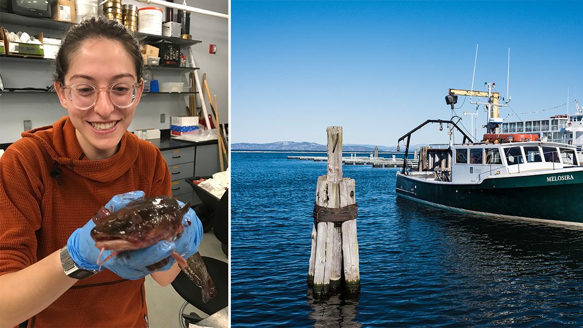 Shira Berkelhammer holds a burbot fish in a lab and a boat docked on Lake Champlain