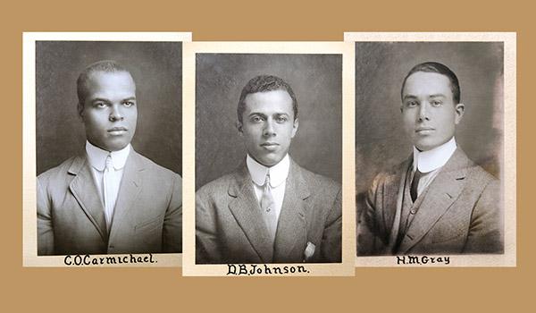 Three black-and-white yearbook photos from the year 1914 lay side-by-side