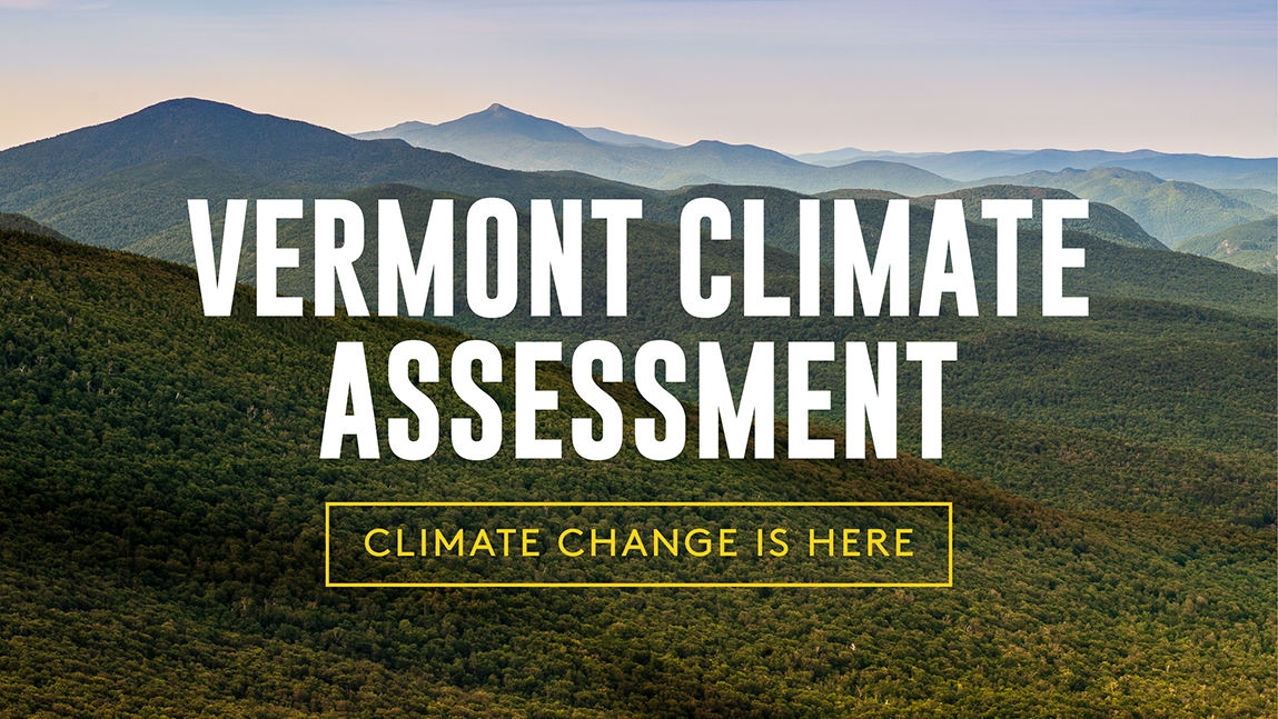 Text reading "Vermont Climate Assessment" over photo of green mountains