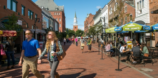 People walking on Church Street in Burlington VT