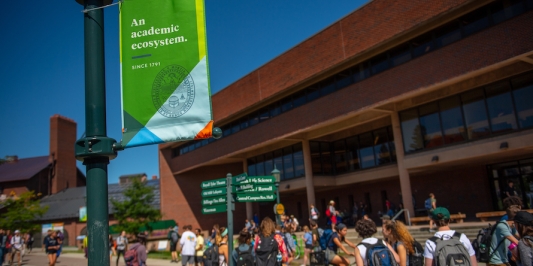 Photo of Howe Library; banner in foreground reads "An Academic Eco-system"