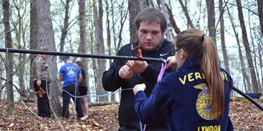 young man learning how to work with maple in the woods