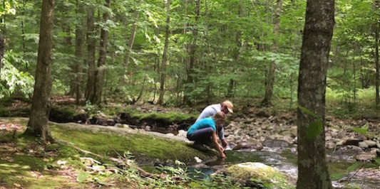 two people bend down to look at a stream in the forest