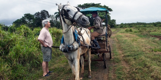 a Gund reserch chats with the driver of a horse drawn carriage in Cuba