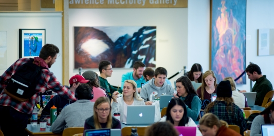 Students working and chatting in the library