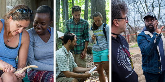 Master's students whittling together, learning in the forest, and working in the community