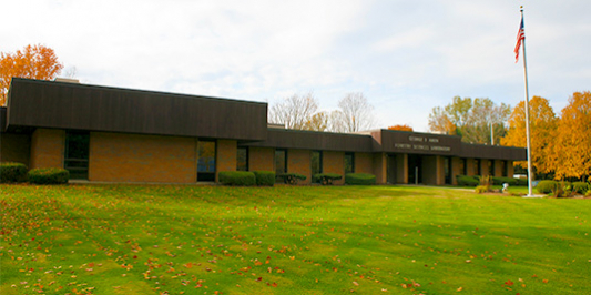 George D. Aiken Forestry Sciences Lab building, lawn and golden maple trees