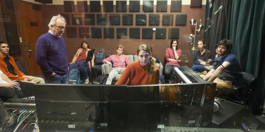 Music professor Joe Capps and his students in the state of the art digital recording studio on campus