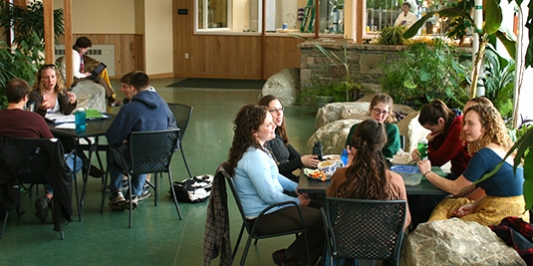 Students meet with Student Services staff in solarium