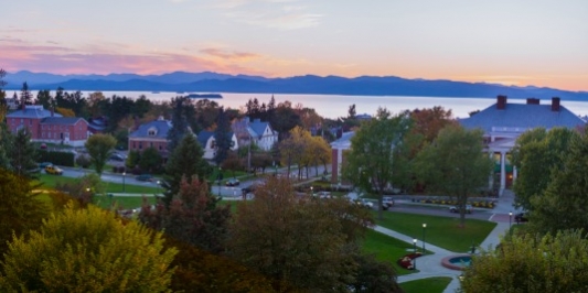 Aerial view of downtown burlington, sunset on the lake.