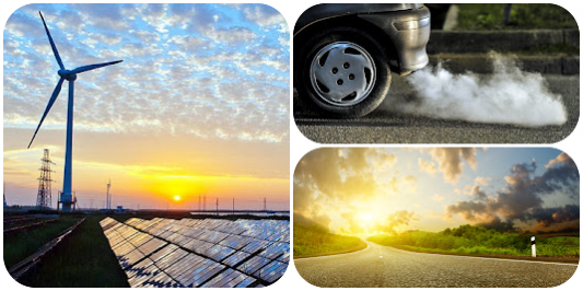 3 panel photo: from left to right: solar and wind power, emissions from vehicle tailpipe, a a tree-lined country road going into bright sun