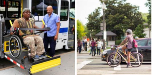 Two panel Photo: Left Photo - a person in a wheelchair disembarks from a bus with a bus worker next to them. Right Photo - a busy street with a car and cyclist stopped at a crosswalk, while pedestrians cross