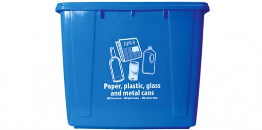 Off campus blue recycle bin