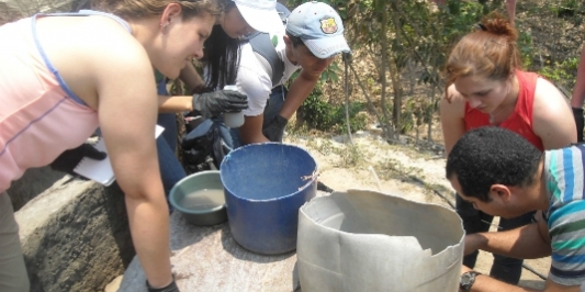 Students working with water basins while studying abroad