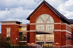 Twilight view of the Davis Student Center