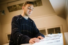 student examining slides
