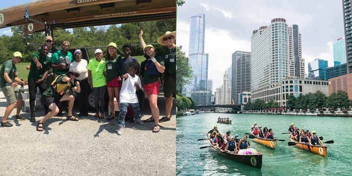 Group of sea kayakers and kayaks on river in big city
