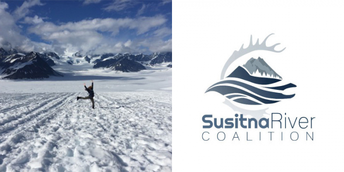 Laura Pinover on a glacier and Susitna River Coalition logo