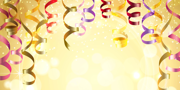 gold background with cheerful, muti colored ribbons hanging down from the top