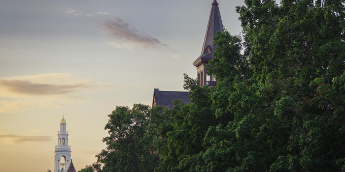 trees and evening sky behind ira allen chapel