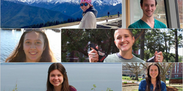 Six graduating students with various scenic backgrounds
