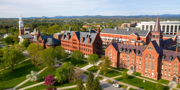 Aerial view of UVM campus, including Discovery and Innovation Halls