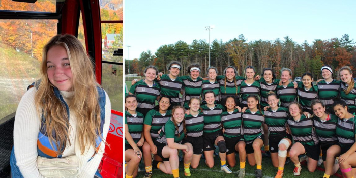 Two images side by side, left: Eleanor Jaffee sitting in a gondola smiling, right: the UVM Women's Rugby Club team in 2023