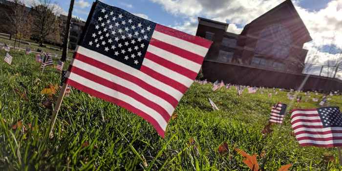 A United States flag staked in the lawn among many others near the Davis Center.