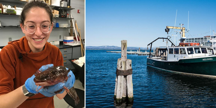 Shira Berkelhammer holds a burbot fish in a lab and a boat docked on Lake Champlain