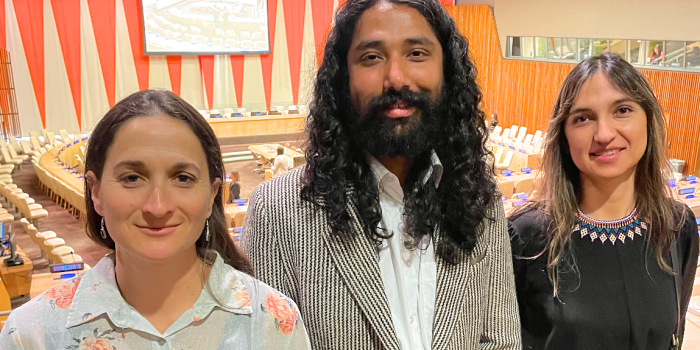 three UVM graduate students who spoke at the United Nations Harmony with Nature event. 