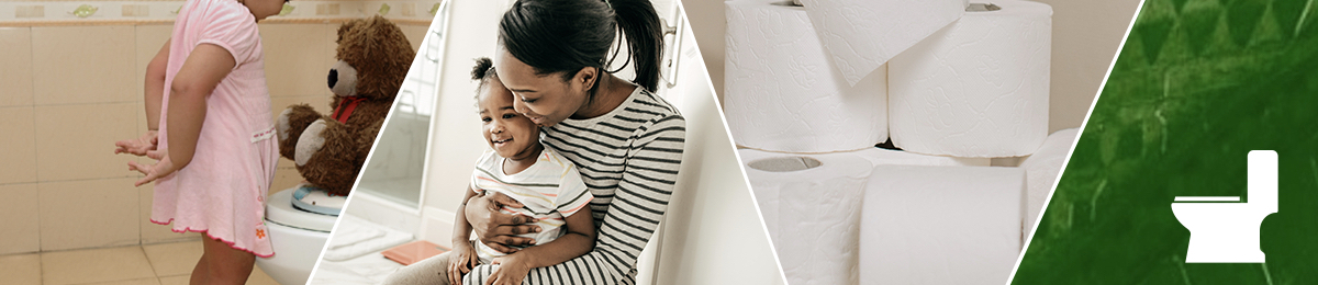 An almond-skinned toddler in a pink dress teaches her bear to use a toilet; a Black woman cuddles her baby in a light-filled living room; a pyramid of toilet paper.