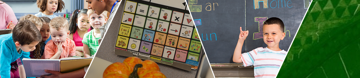 A quartet: three images and a piece of text. First, a Black woman sits at the back of a reading circle, watching as toddlers participate in a book being read by a kneeling woman of color. Next, a very young blonde girl peers into the screen of an assistive device, pointing at something on the screen. She wears a hot pink down vest, a white tshirt, and a shell-pink hearing aid tucked behind one ear. And then a young white boy stands in front of a chalkboard, smiling proudly and signing the ASL 'i'.