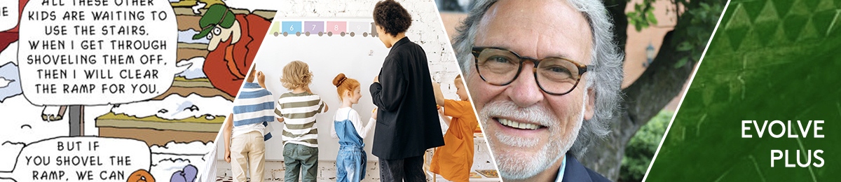A photo triptych: first, a snippet of a cartoon showing someone shoveling snow off steps and ignoring a ramp; next, a paraprofessional leads a group of children at a brightly lit board; finally, a partial photo of Dr. Michael F. Giangreco