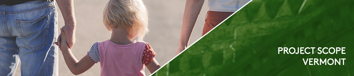 UVM Center on Disability & Community Inclusion (CDCI) Project SCOPE: two parents hold a tow-headed blonde child in a pink tshirt by the hands between them.