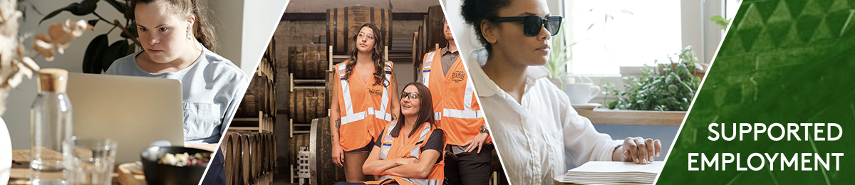 A triptych of photos: first, a young white woman with Down Syndrome, her brown hair pulled back in a ponytail, stares intently at her laptop; next, a white middle-aged woman in a wheelchair sits, wearing a high-visibility construction vest, with her arms folded, with similarly dressed coworkers; finally a blind Black woman, mid-twenties, hair worn natural and round, peruses a Braille book while sitting at a small table in a cozy office.
