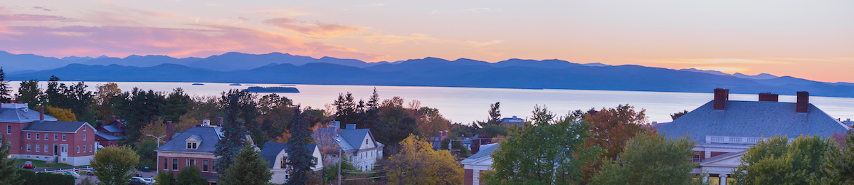 View of UVM campus, Burlington, and Lake Champlain