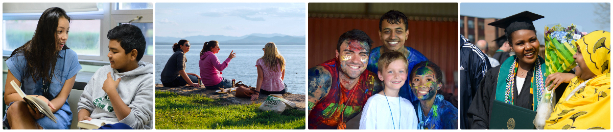 Collage of CESS students at Winooski Middle School, Shelburne Farms, Camp Kesem, and Commencement.