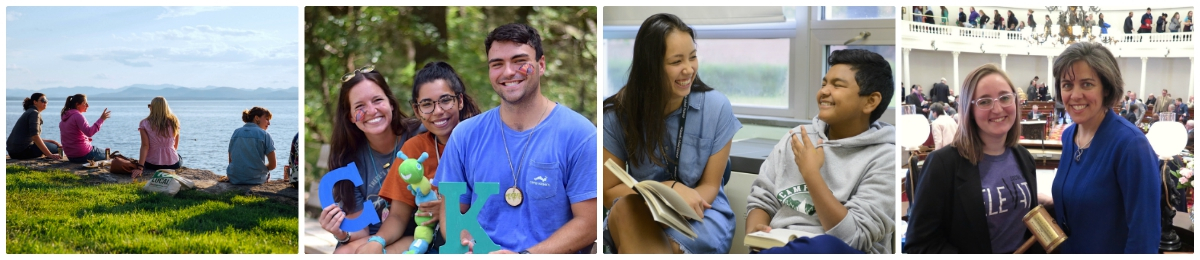 Collage of CESS students in the field at Shelburne Farms, Camp Kesem, Winooski Middle School, and the Vermont Statehouse.