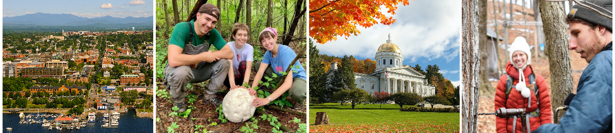Collage showing the Burlington waterfront, students outdoors in the woods, the Vermont Statehouse, and maple sugaring at Shelburne Farms.
