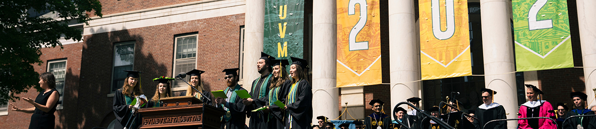 UVM 2022 commencement banners in front of waterman building